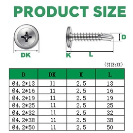 HXJDAM 180 pieces self-tapping screws, stainless steel, M4.2 x 25 mm, self-tapping screws, stainless steel, self-drilling screws