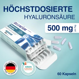 GELENCIUM® Hyaluron Intense | Hohe Hyaluron-Tagesdosis: 500mg | Hochmolekular: 2000-4000 kDa | Hohe Bioverfügbarkeit | Mit Mikronährstoffen für gesunde Gelenke | Vegan | Apothekenqualität | 60 Kapseln