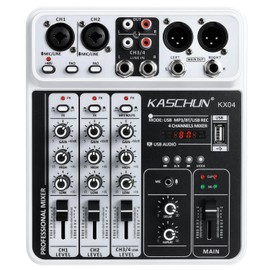 Professional DJ audio mixer, 4-channel DJ mixer, Bluetooth sound mixer, supports USB/MP3/BT computer input, 48V phantom power stereo studio audio mixer suitable for DJ studio streaming recording