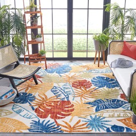 SAFAVIEH Cabana Collection Area Rug - 8' Square, Creme & Red, Botanical Design, Non-Shedding & Easy Care, Indoor/Outdoor & Washable-Ideal for Patio, Backyard, Mudroom (CBN831A)
