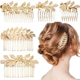 5 Pieces Leaf Hair Side Combs Gold Rhinestone Hair Comb Clips with Teeth Combs for Wedding Hair Accessories for Women, Girls, Bride, Bridesmaid (Gold)