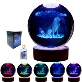 DIGFPWT 3D K9 Animal Crystal Ball Dog Night Light with Wooden Base, 16 Color Change with Remote Control