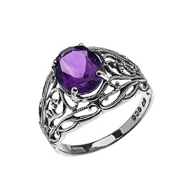 gemstone rings Sterling Silver Modern Filigree Design Genuine Amethyst Ladies Ring (Size 5)