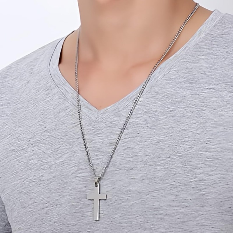 NJCXOLA Cross Necklace Men's Cross Chain Men's Silver Stainless Steel