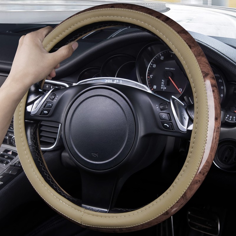 CAR PASS Wood Grain 14.5-15 inch Microfiber Leather Steering Wheel