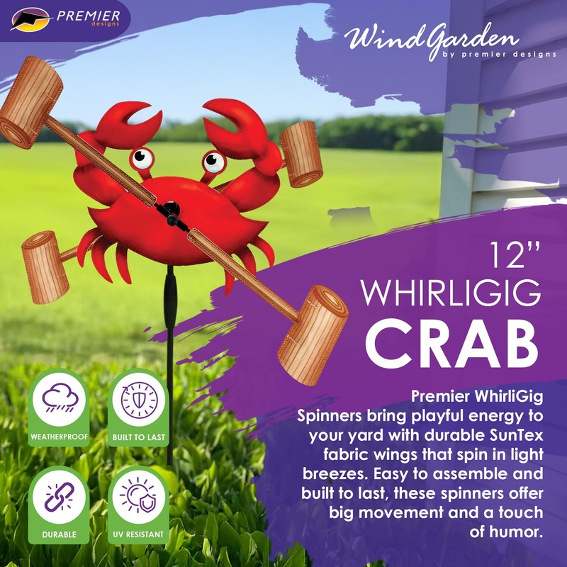 Whirligig Spinner Crab 12" – Coastal-Themed Design, Weather-Resistant Outdoor Decor,