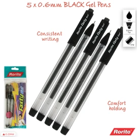 rorito 5 x 0.6mm Tip Fasty BLACK Fine Smooth Writing Gel Pens Waterproof Ink