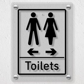 V Safety Toilets - Men Left/Women Right Arrows Acrylic Sign 200x300mm - Durable, Shatterproof Directional Signage