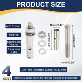 PATIKIL M10 x 60mm 304 Stainless Steel Expansion Bolts, 4 Pcs External Hex Expansion Screw Bolt Sleeve Lengthened for Concrete Drywall Construction Projects, Silver