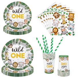 Aitsite Wild One Party Tableware Set, Forest Animals Party Plates Birthday for 10 Guests, Wild One Birthday Tableware, Forest Animals Party Decoration Set, Children's Birthday Plates, Cups, Napkins
