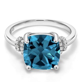 Gem Stone King 4.64 Cttw London Blue Topaz Engagement Ring For Women In 925 Sterling Silver | Cushion Cut 10MM | Gemstone Birthstone | Available in size 5, 6, 7, 8, 9