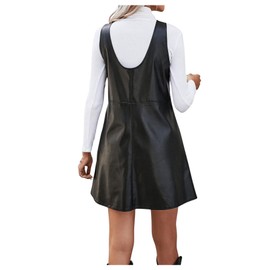 SHENHE Women's PU Leather Scoop Neck Sleeveless Pinafore Overall Mini Dress Black S