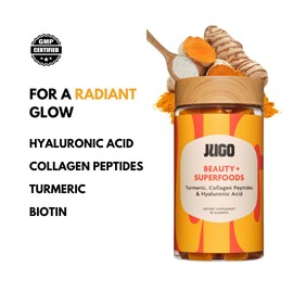 JUGO Beauty + SUPERFOODS | Hair Skin Nails Supplement with Hyaluronic Acid & Turmeric | 40 Count Plant-Based Gummies | Gelatin-Free, Non- GMO, Made in USA