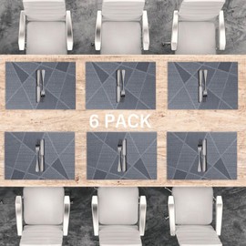 LAPONO Washable Place Mats, Set of 6, Washable Place Mats, Rectangular, Heat-Resistant Placemats, Grey PVC Placemats (Black Grey, 6 Pieces)