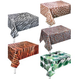 5 Pack Animal Safari Tablecloth,Zoo Print Table Cover,Jungle Animal Theme Leopard Tiger Zebra Giraffe Palm Leaf Print Tablecloth Party Supplies for Zoo Jungle Safari Theme Birthday Party Baby Showers