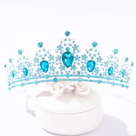 FORSEVEN Crystal Tiaras and Crowns for Women and Girls - Wedding and Birthday Party Princess Hair Accessories - Bride Rhinestone Headbands (Silver, Lake Blue)