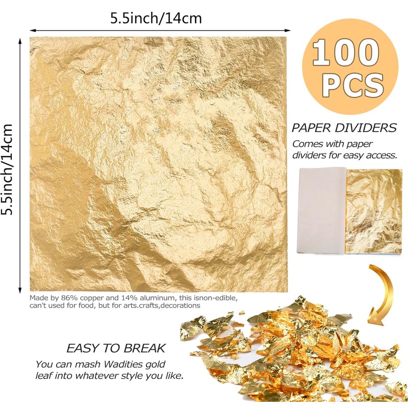 Wadities Imitation Gold Leaf Sheets - 100 Gold Foil Sheets