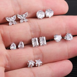 ASH'S CHOICE Women's 925 Silver Earrings, 6 Pairs of 925 Silver Stud Earrings, Small Earrings Set, Multipack Glitz Stud Earrings with Rhinestones, Zirconia, Leaf, Star, Moon, Leaf, Ball Stud Earrings,