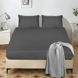 My home store Fitted Sheet 25 cm Deep Brushed Microfiber Ultra Soft No-Iron Wrinkle-Resistant Plain Dyed Fitted Bed Sheets Hypoallergenic Breathable Sheets (Charcoal, Single)