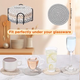 SiliFine Woven Cotton Rope Round Placemats Set of 12, 6 Pcs 4.3" Drink Coasters with Holder, 6 Pcs 11.8" Round Farmhouse Nonslip Heat Resistant Braided Boho Placemat for Kitchen Table Decor(Blended)