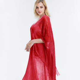 Women's Metallic Mesh Cover-Up Wrap Loose Fit Kimono-Style Cape One Size Fits Everyday Wear Beach VacationsShawl (Deep Red)