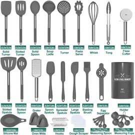 Umite Chef Silicone Kitchen Cooking Utensil Set, 43 pcs Silicone Spatula with Stainless Steel Handle, Non-stick Heat Resistant - Best Cookware (Grey)