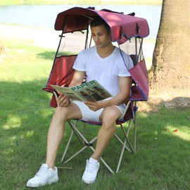 Camping Brothers Camping Chair with Shade Canopy - Outdoor Folding Patio Chair - Includes Retractable Sun Shade, Cup Holder, Side Pockets (Maroon)