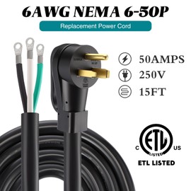 Kanayu 15 FT 6 AWG 3 Prong Replacement Power Cord Compatible with NEMA 6-50P 50 Amp 250V Welder Extension Cable with Open End for Welder Dryer Garage Heater Generator, ETL Listed