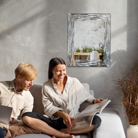 Head West 24"x30" Reeded Tiled Grey Mosaic Accent Vanity Mirror for Bathroom Wall, Printed Glass Rectangle Vanity Bathroom Mirror for Over Sink, Bedroom, & Living Room