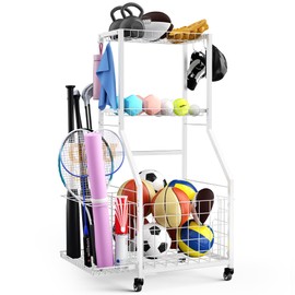 DUDUXI Sports Equipment Garage Organizer,Garage Ball Storage Rack with Wheels-Upgraded 3 Layers Sport Toy Organizer Rack Outdoor Basketball Racks for Balls with Holder and Hooks