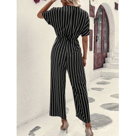WDIRARA Women's Striped Print Wrap Front V Neck Long Romper Short Sleeve Wide Leg Jumpsuit Black M
