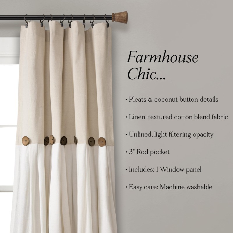 Lush Decor Linen Button Window Curtain Panel, Single, 40" W