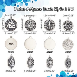 DICOSMETIC 4Pcs 4 Styles Valknut Rune Pendant Set Antique Silver Viking Valknut Pendants Flat Round Norse Pagan Jewelry Stainless Steel Charms for Jewelry Crafts Making, Hole: 1.6~2mm, Stainless