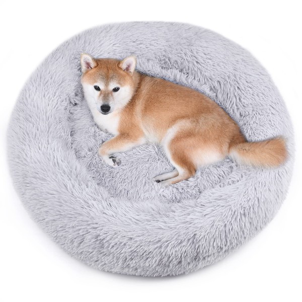 VIVAGLORY Puppy Bed, Super Soft Plush Cat Bed, Self-Warming Dog Calming Cuddler Bed, Machine Washable, Suitable for Multiple Cats & Medium Dog, Mist Grey