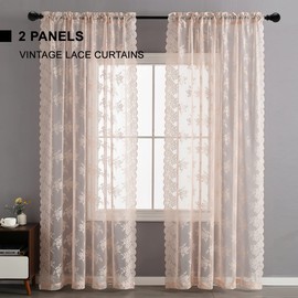 Kotile Blush Pink Floral Sheer Curtains for Girls Bedroom - Premium Scalloped Trim Country Floral Sheer Curtains 96 Inch Length, Rod Pocket Macrame Lace Panel Curtains, 52 x 96 Inch, 2 Panels, Blush
