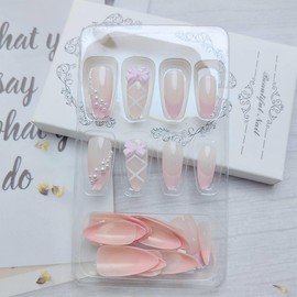 24Pcs Almond Press on Nails Medium French Tip Fake Nails with 3D Pink White Bow Glue on Nails Pearl Charms Glossy False Nails Stiletto Nails Tip Handmade Acrylic Nails Reusable Stick on Nail for Women