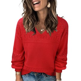 Messic Womens Sweaters Dressy Casual, Holiday Sweater Women Fall Fashion 2024 Lightweight Winter Tunic for Leggings Womens Sweaters Trendy Ladies Dressy Sweaters Long Sleeve V Neck Knit Top Red M