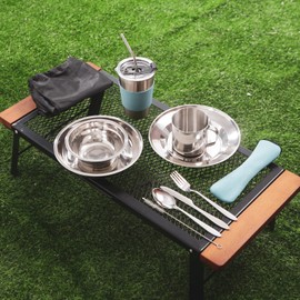 MOUFIER Outdoor Camping Cutlery Set Stainless Steel Utensils for 1-2 Person Camping Tableware Mess Kit Complete Dinnerware Set 12 in 1 Flatware Kit with Mesh Bag for Camping, Backpacking, Hiking