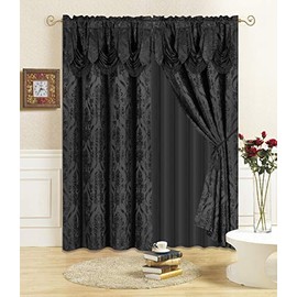 All American Collection New 4 Piece Drape Set with Attached Valance and Sheer with 2 Tie Backs Included (63" Length, Black)
