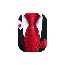 Barry.Wang Red Tie for Men Plaid Silk Necktie Pocket Square Cufflinks Set Formal Wedding Party Business
