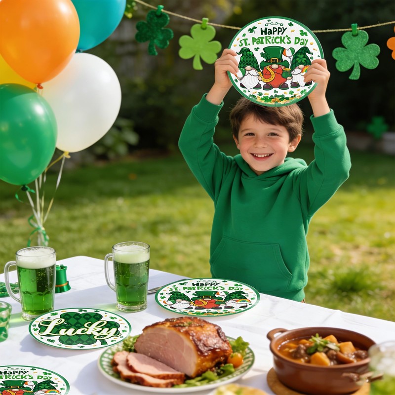 St. Patrick's Day Party 9 Inch Plates Green Shamrocks Gnomes