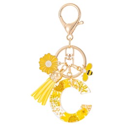 MWOOT Letter Keychain Initial Keyring Letter, Alphabet Resin Flower Key Chain with Daisy Bee Tassel Pendant Handbag Purse Charm, Yellow Petal Keyring for Women, Yellow-c