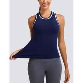 MathCat Workout Tank Tops for Women Racerback Basic Athletic Tanks Seamless Muscle High Neck Yoga Tops with Built in Bra Navy Blue