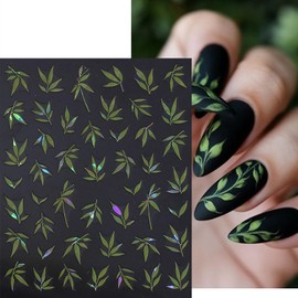 Fall Bamboo Nails Stickers Leaf Nails Art Stickers 3D Self-Adhesive Colorful Nail Decal with Gold Silver Blue Green Orange Design Nail Sticker for Nail Art Autumn Women DIY Decoration 5 Sheets
