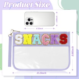 Buycard Snack Bag for Travel with Chenille Letter Patch-Preppy Waterproof Pouch for Travel, Makeup, Gym,Zippered Cosmetic Tote for Women & Girls,Holiday Essentials for Kids. (Purple)