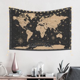 MOUNDHONG Retro World Map Black Tapestry Wall Hanging, Art Tapestry Retro Wall Art Large Wall Tapestries for Bedroom College Dorm Living Room Decor 24 x 24 in