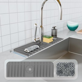 AAROO 14 inch Faucet Mat for Kitchen Sink with Reusable Multi-Purpose Dish Washing Scrubber, 5° Slope Premium Kitchen Sink Splash Guard, Fast Self-Draining Silicone Kitchen Sink Faucet mat (Grey)