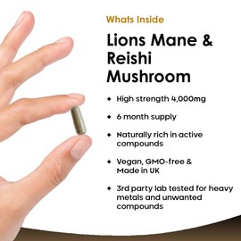 NEW LEAF PRODUCTS Lions Mane & Reishi Mushroom Capsules - High Strength 4000mg Lions Mane Supplement with Reishi - 360 Vegan Lions Mane Mushroom Powder + Reishi Mushroom Capsules - Made in UK by New Leaf