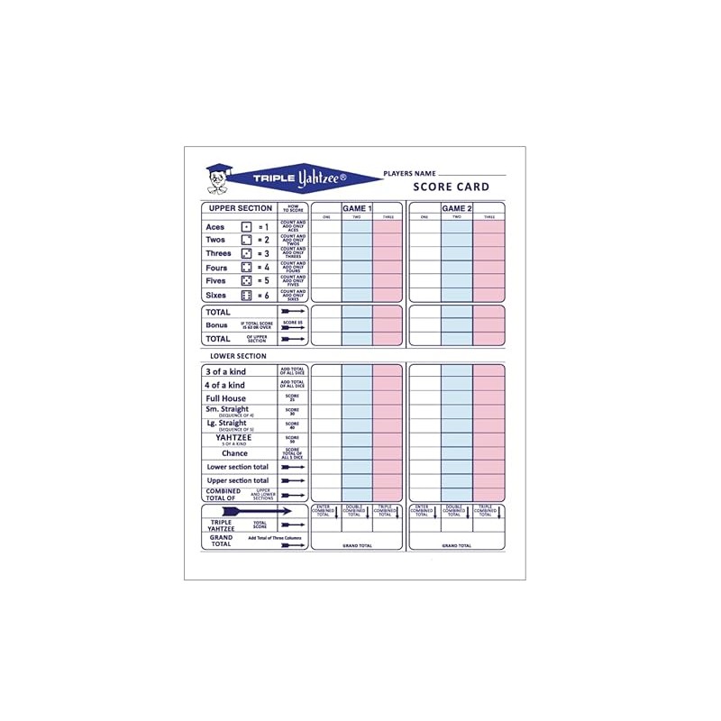 250 Premium Triple Score Sheets Cards Pads for Yahtzee Game