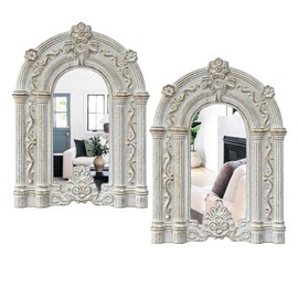 Cityelf 2 Set Wood Carved Window Mirrors 3D Relief Arched Wall Decor Roman Column Antique Home Accent Small Decorative Mirrors for Living Room, Bathroom, Entryway